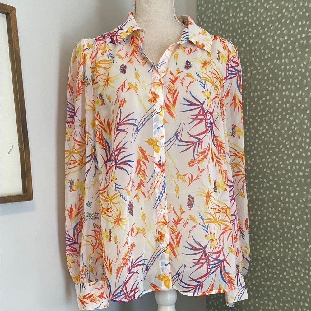 Modcloth Multicolor Be Buzzworthy Sheer Button Down Long Sleeve Blouse Size L